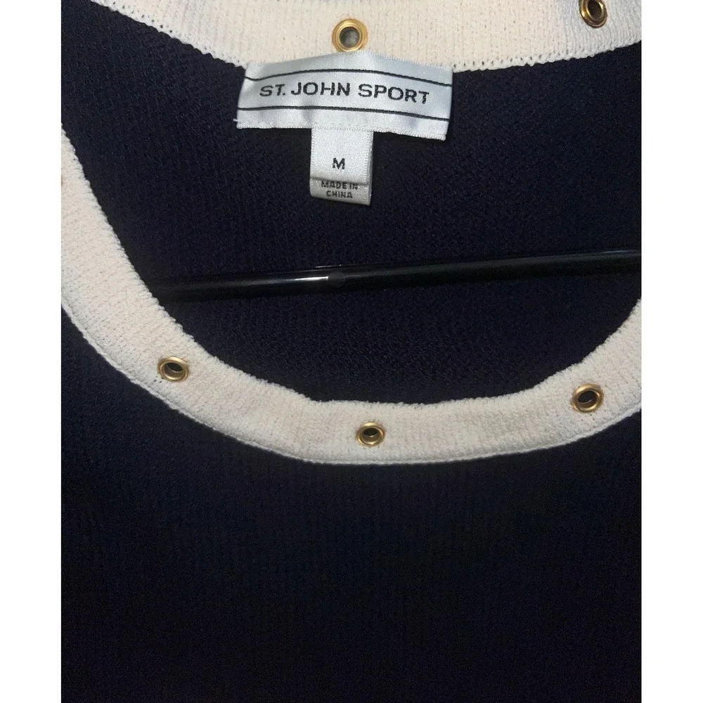 Navy Blue Knit Dress White & Gold Rivet Trim 90s St John Sport Dark Blue sz m - Picture 3 of 5